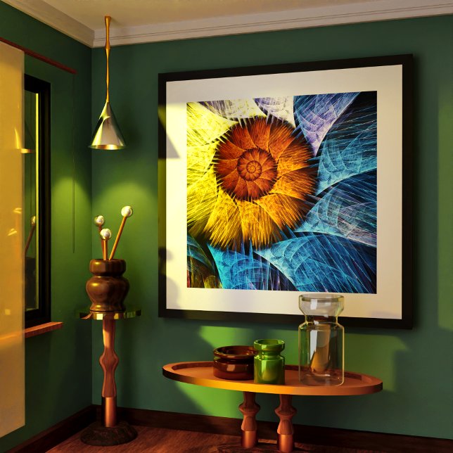 Affiche Floral Orange Bleu Jaune Art Abstrait (Floral Orange Yellow Blue Abstract Art Poster)