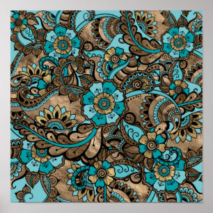 Affiche Floral Paisley Motif - turquoise et or