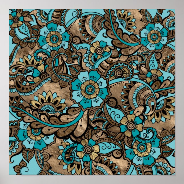 Affiche Floral Paisley Motif - turquoise et or (Devant)