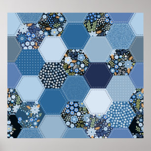 Affiche Floral, patchwork de denim : motif bleu.