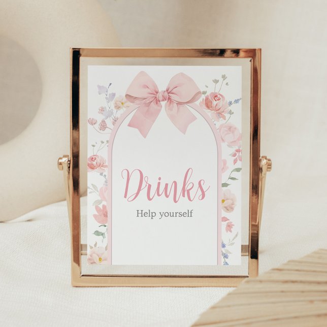 Affiche Floral Pink Bow Baby in Bloom Baby shower Boissons (Pink Bow Baby in Bloom Baby Shower Drinks Sign)