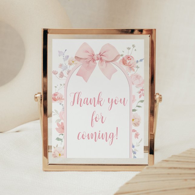 Affiche Floral Pink Bow Baby in Bloom Merci pour venir (Pink Bow Baby in Bloom Baby Shower Thank you for Coming Sign)