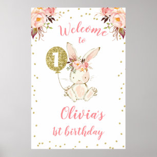 Affiche Floral Pink Gold Bunny 1er anniversaire Bienvenue