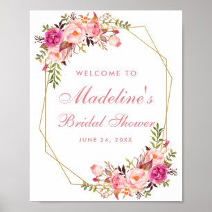 Affiche Floral rose Bleu Fête des mariées Gold Bienvenue