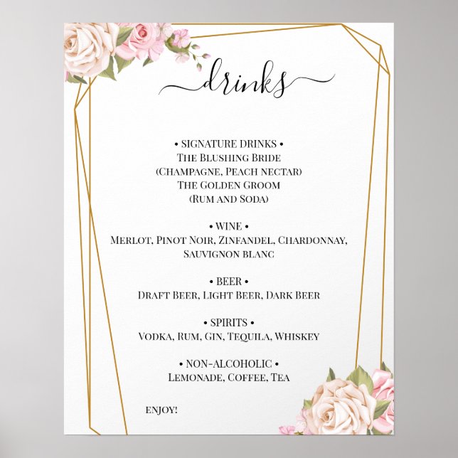 Affiche Floral Rose Mariage Boissons Menu Signer (Devant)