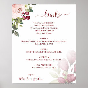 Affiche Floral Rose Mariage Boissons Menu Signer