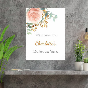 Affiche Floral rose or verdure Quinceanera bienvenue