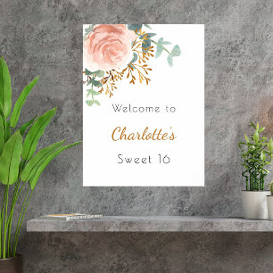 Affiche Floral rose or verdure Sweet 16 bienvenue
