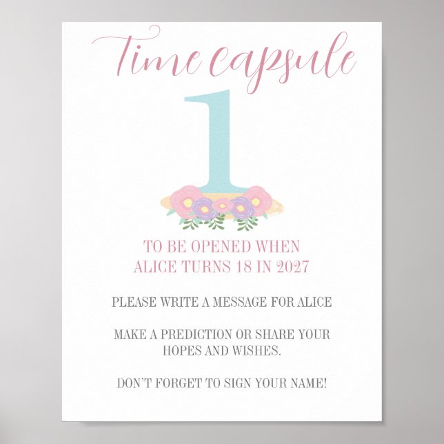 Affiche Floral rose pastel 1er Anniversaire heure Capsule (Devant)
