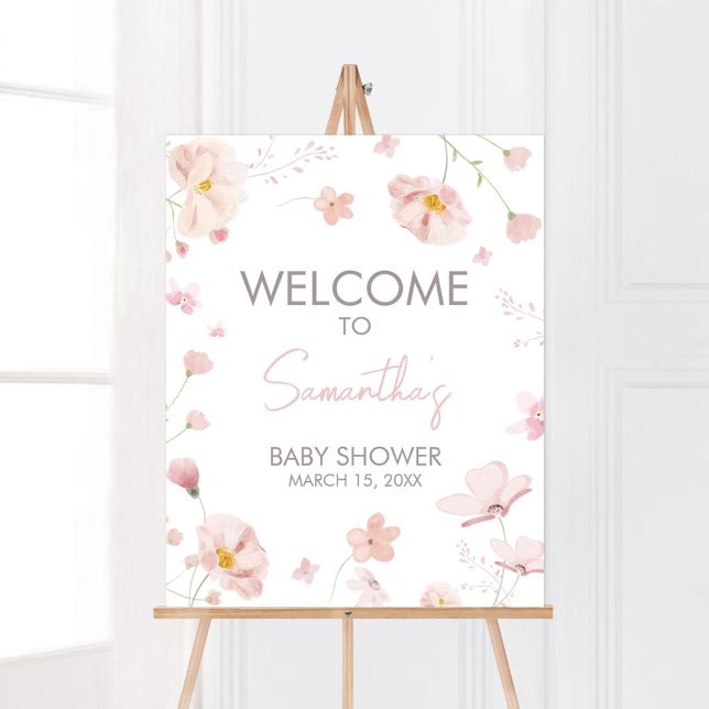 Affiche Floral rose printemps bébé en fleurs Bienvenue (Pink Spring Floral Baby in Bloom Baby Shower Welcome Sign)