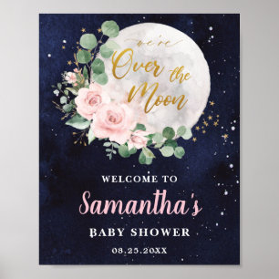 Affiche Floral rose sur la lune Baby shower fille Bienvenu