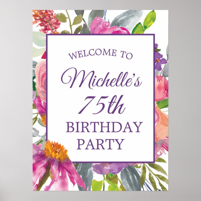 Affiche Floral rose violet 75e anniversaire Bienvenue (Devant)