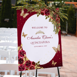 Affiche Floral Rouge or Tiara Butterfly Quinceañera