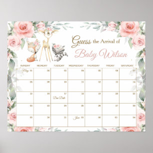 Affiche Floral Woodland Animals Guess Baby's due Date de J