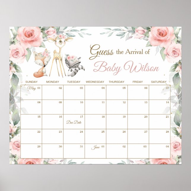 Affiche Floral Woodland Animals Guess Baby's due Date de J (Devant)
