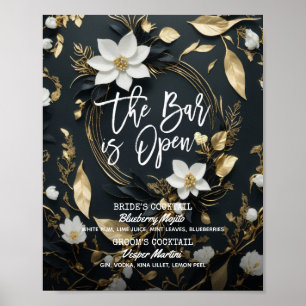 Affiche Floral Wreath Mariage The Bar is Open Drink Menu