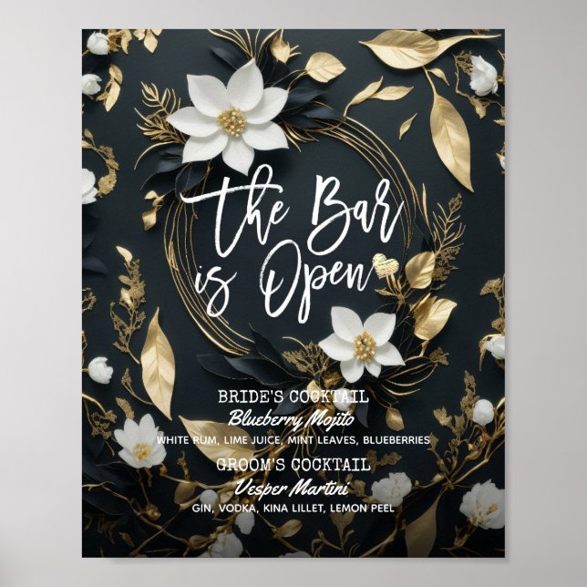 Affiche Floral Wreath Mariage The Bar is Open Drink Menu (Devant)