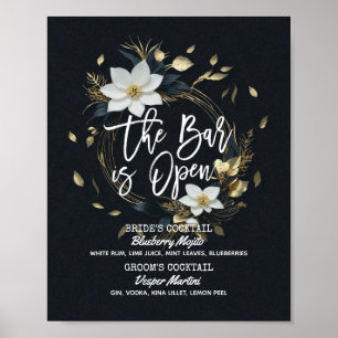 Affiche Floral Wreath Mariage The Bar is Open Drink Menu