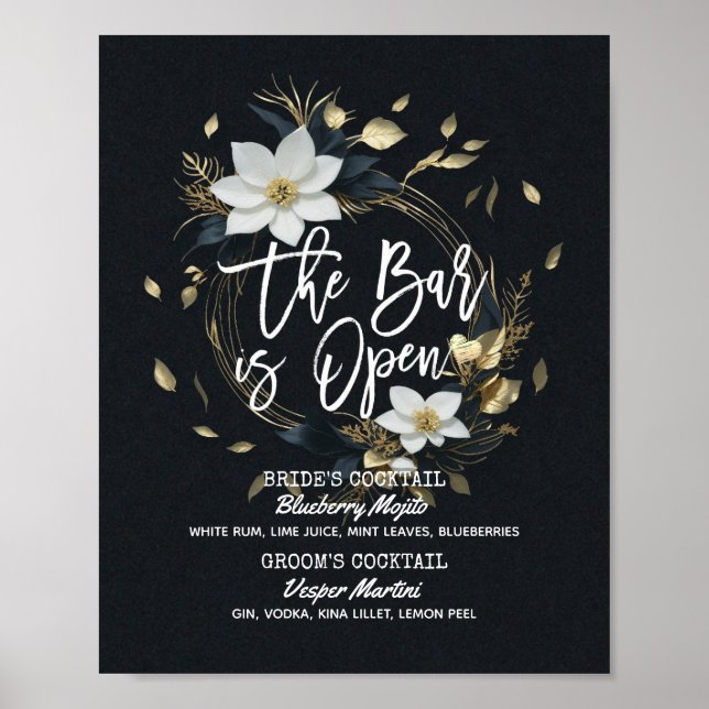Affiche Floral Wreath Mariage The Bar is Open Drink Menu (Devant)