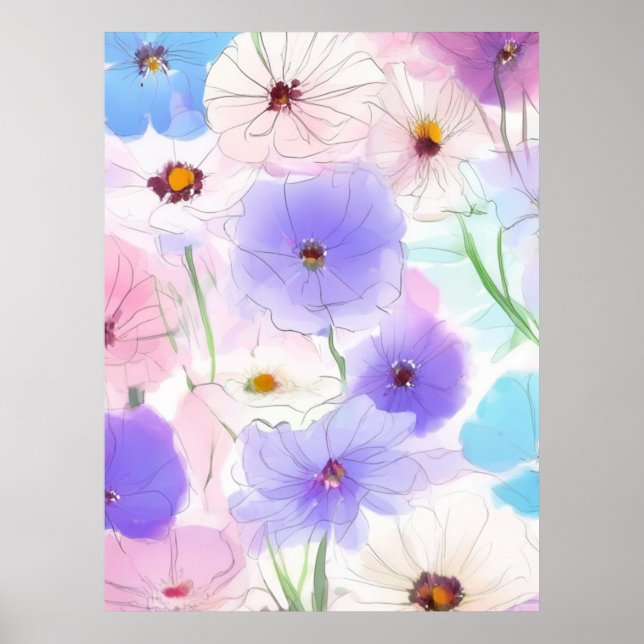 Affiche florale à l'aquarelle pastel – Impression  (Devant)