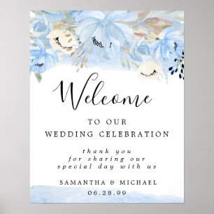 Affiche Florale Bleue et Or Bienvenue à notre panneau Mari
