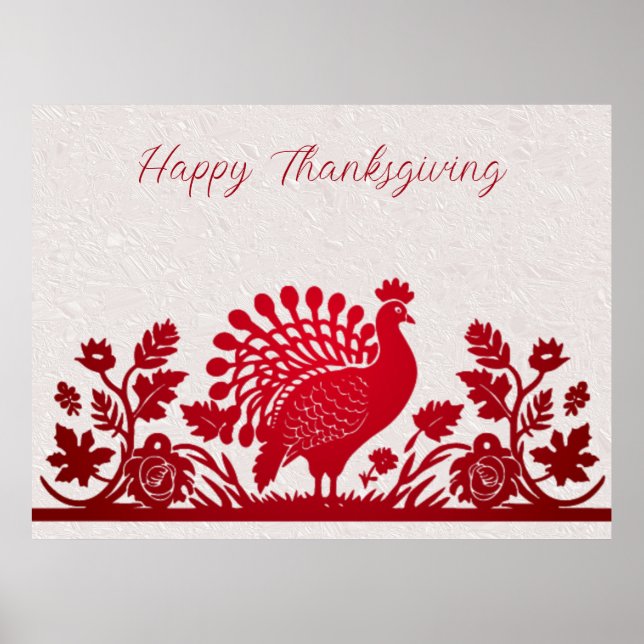 Affiche florale de dinde de Thanksgiving rouge (Devant)