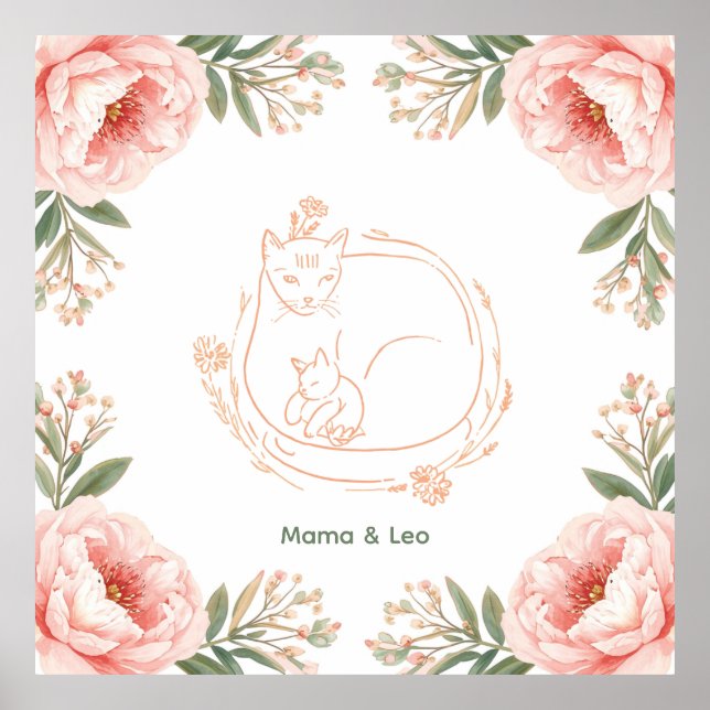 Affiche florale personnalisée de maman chat et cha (Devant)