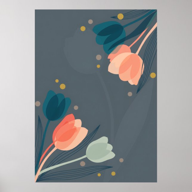 Affiche florale Tulipes Corail sarcelle Milieu de  (Devant)