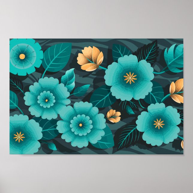 Affiche Florale turquoise et or avec Feuilles vert foncé (Devant)