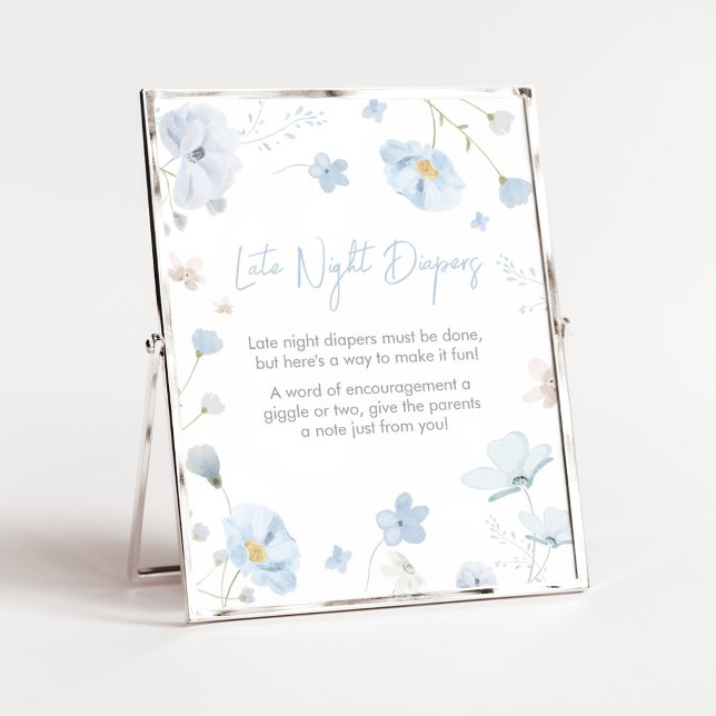 Affiche Flore Bleu Printemps bébé en fleur couche nocturne (Blue Spring Floral Baby in Bloom Baby Shower Late Night Diapers Sign)