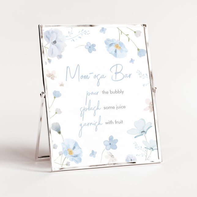 Affiche Flore Bleu Printemps bébé en Fleur Maman Osa Bar (Blue Spring Floral Baby in Bloom Baby Shower Mom Osa Bar Sign)