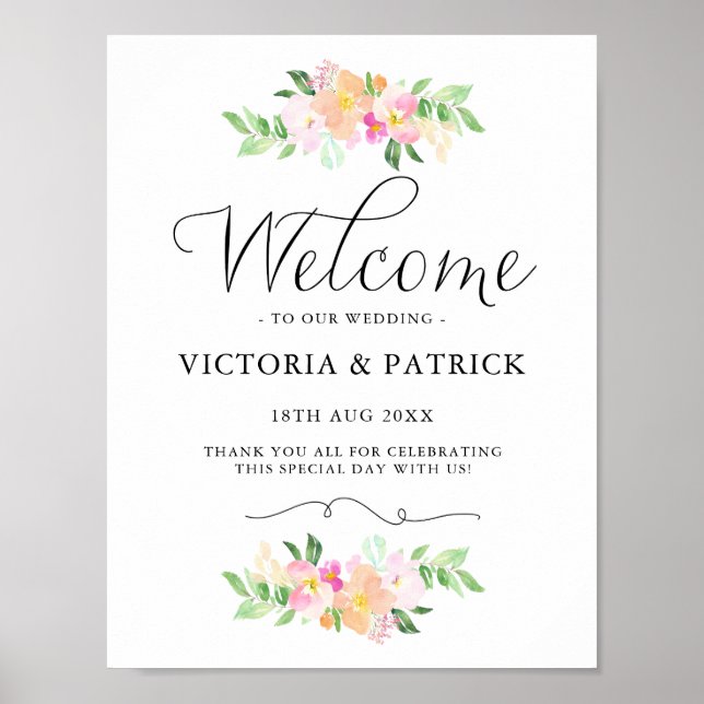 Affiche Flore d'aquarelle Dainty Bienvenue à notre Mariage (Devant)