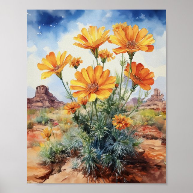 Affiche Flore du désert Marigold Arizona Aquarelle (Devant)