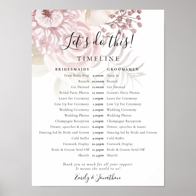 Affiche Flore poussiéreuse Script rose Mariage Jour chrono (Devant)