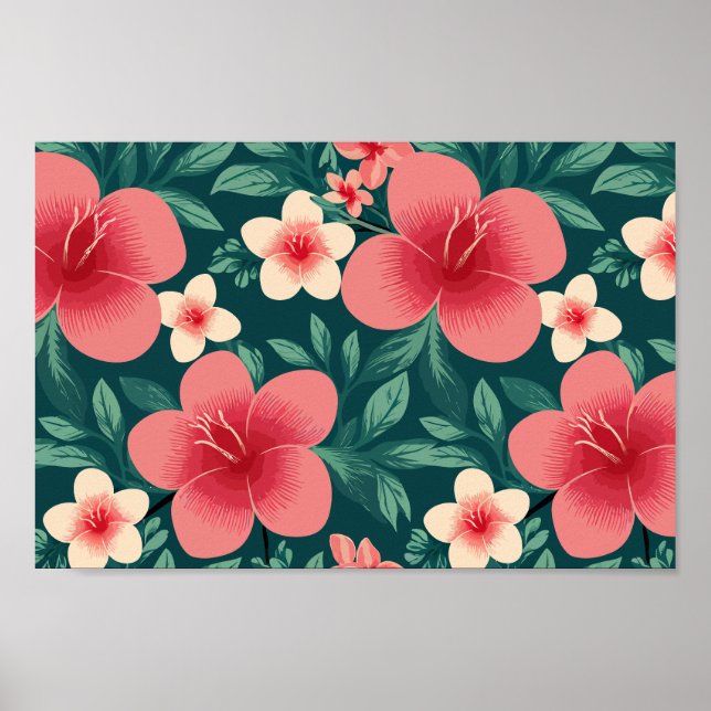 Affiche Flore tropicale avec Hibiscus rouge et crème (Devant)