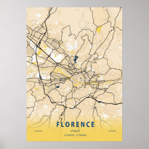 Affiche Florence - Italie Carte de la ville jaune