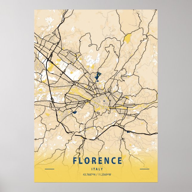 Affiche Florence - Italie Carte de la ville jaune (Devant)