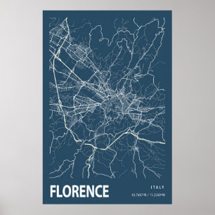 Affiche Florence Italie Plan Ville Ligne Art Bleu Imprimer