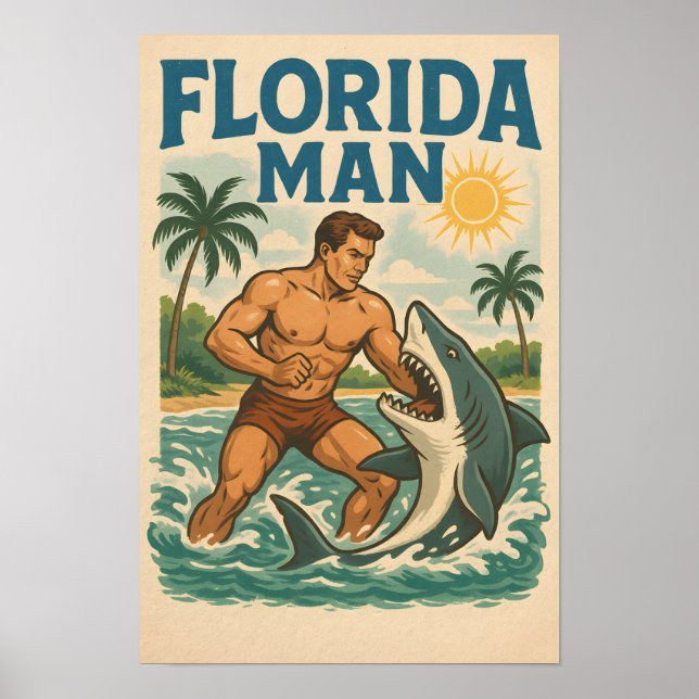 Affiche Florida Man Coastal Shark Wrestler Retro Beach Art (Devant)