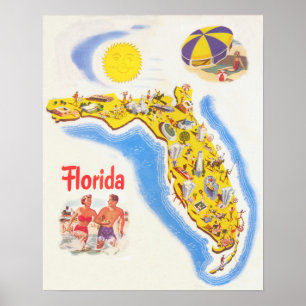 Affiche Floride carte touristique vintage attractions