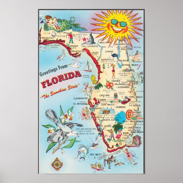 Affiche FLORIDE ÉTATS-UNIS, Carte de bienvenue (Devant)