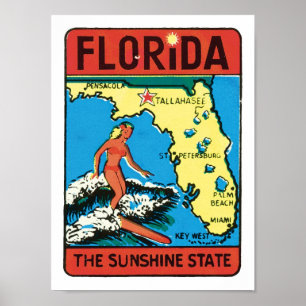Affiche Floride FL USA The Sunshine State Surfer Vintage