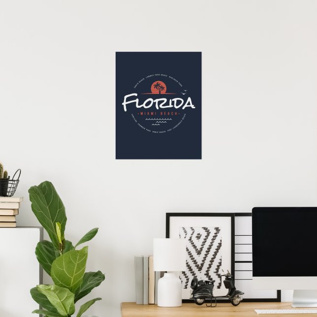 Affiche Floride Miami Beach Rétro Coucher de soleil Palmie (Bureau à domicile)