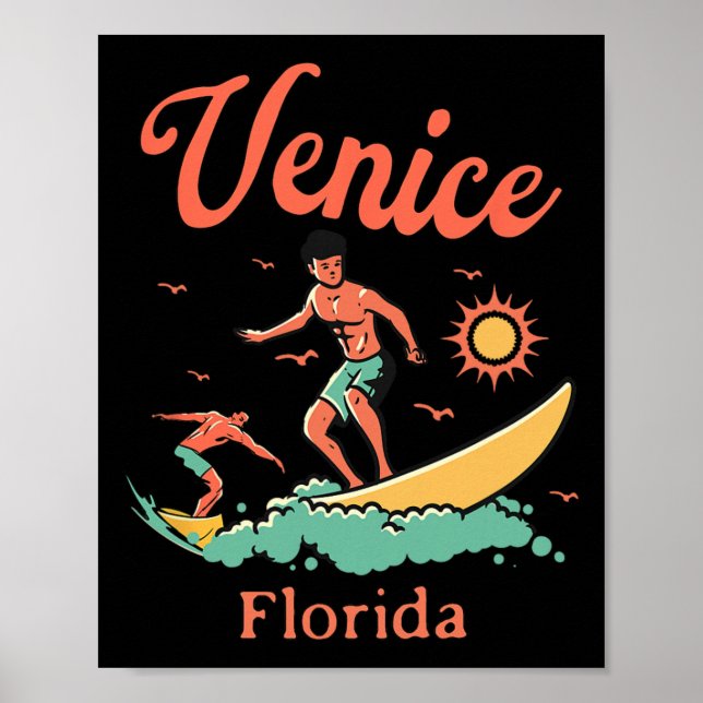 Affiche Floride Venice Fl Surfeur Surfant Plage Pêche Quai (Devant)