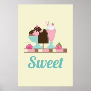 Affiche Flotte de crème glacée sucrée Sundae & fraise