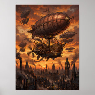 Affiche Flotte de dirigeables Steampunk Ville victorienne