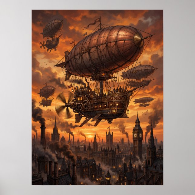 Affiche Flotte de dirigeables Steampunk Ville victorienne  (Devant)