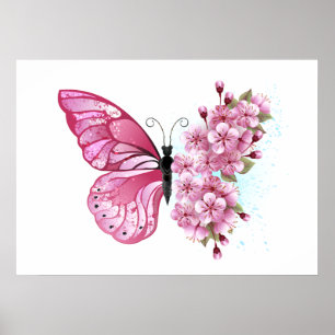 Affiche Flower Butterfly with Pink Sakura