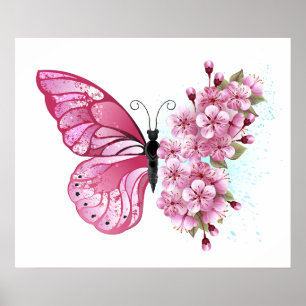 Affiche Flower Butterfly with Pink Sakura