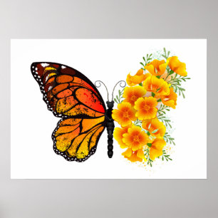 Affiche Flower Butterfly with Yellow California Poppy